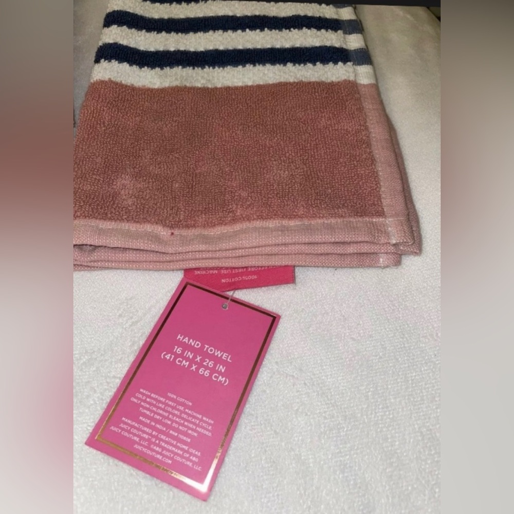 🎉HP🎉New! Juicy Couture Pink/Navy Striped Logo Bath Towel 3 Piece Set🤍🎀 - Picture 5 of 10